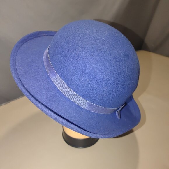 Georgette Doeskin Felt Bowler Wool New York Blue Hat Made In USA Vintage Ribbon - Picture 8 of 10